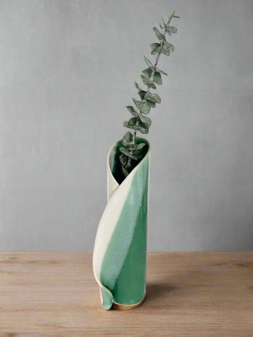 Green and White Ceramic Pillar Vase