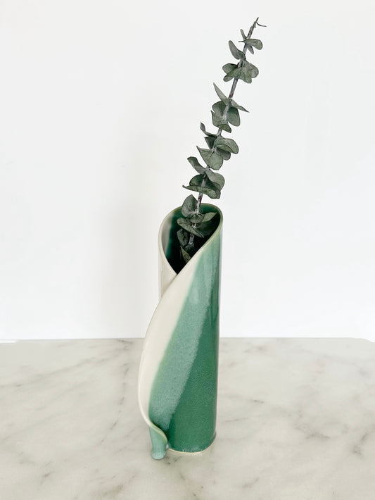 Green and White Ceramic Pillar Vase