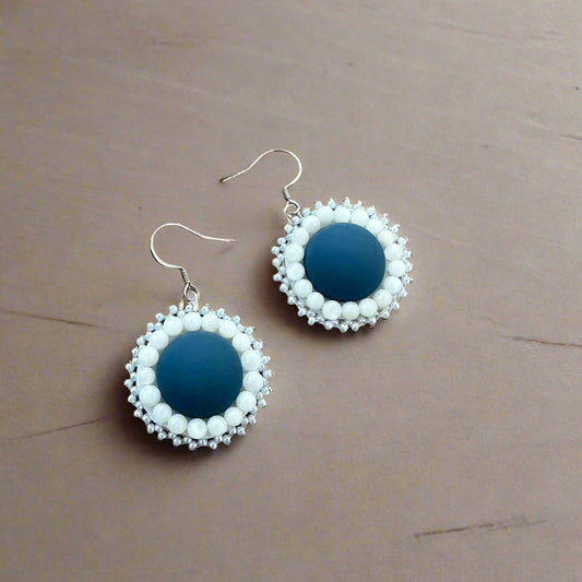 Blue and White Flat Stitch Earrings